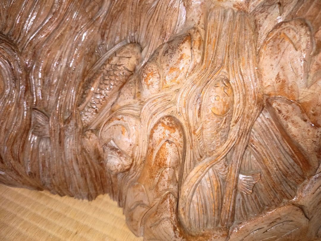 火鉢 彫刻 インテリア装飾 鯉の滝登り 無垢材 一刀彫 欅 地松 国産材