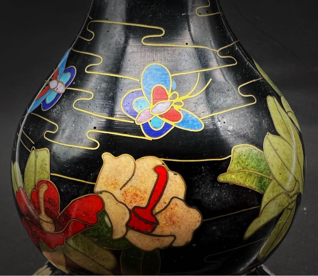 中國美術 古玩 景泰蓝 七宝焼　黒地花鳥蝶々紋様瓢箪　花器 京法造