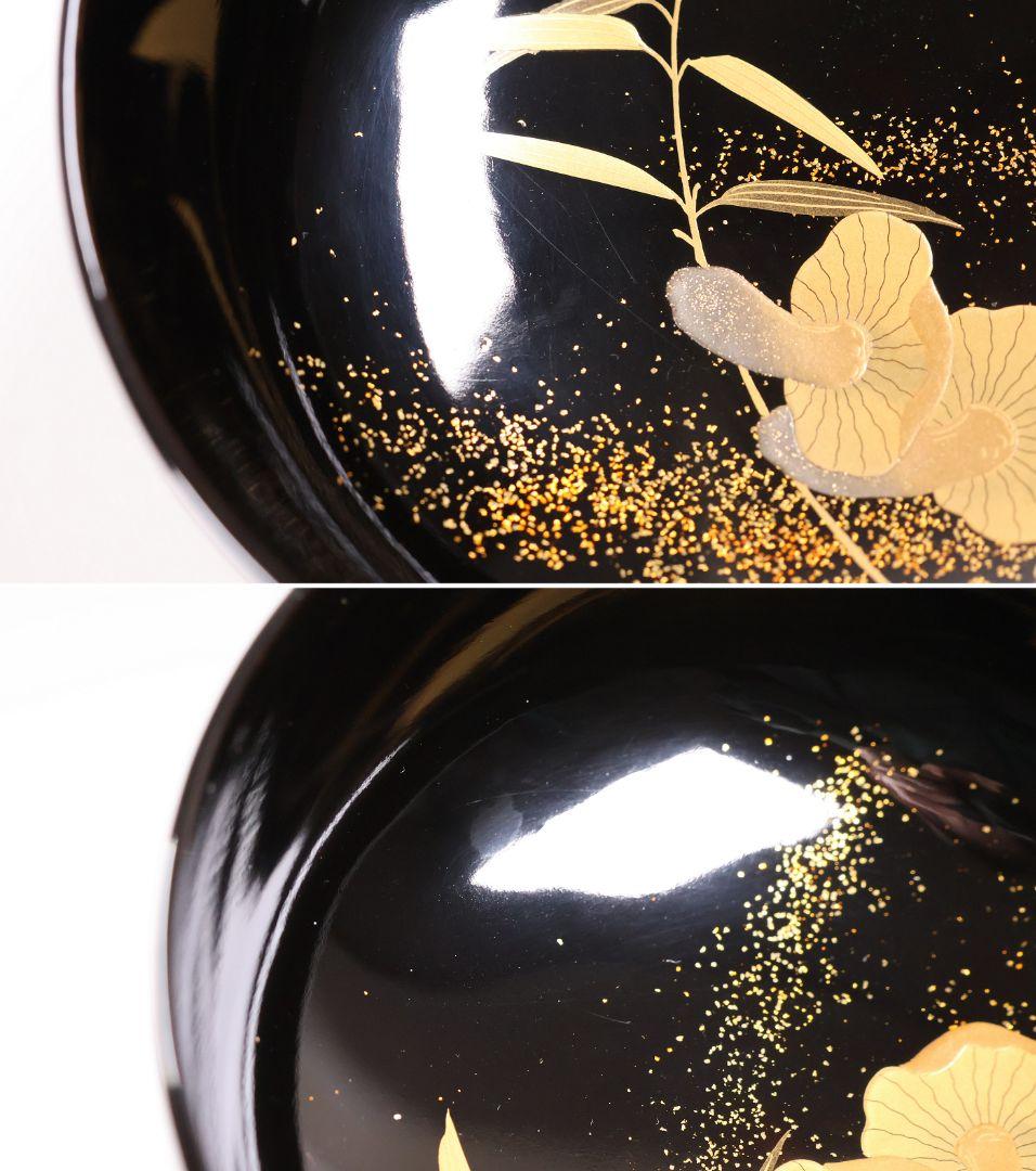 【CM411】天然木漆塗 加賀蒔絵 蓮と野菜金蒔絵 黒煮物椀 二客 漆器 昭和期