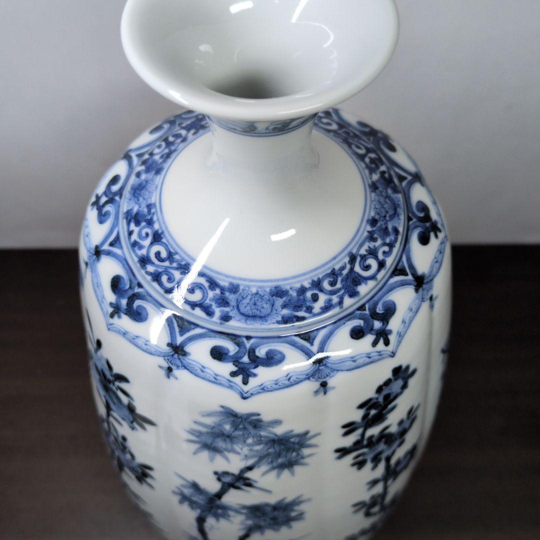 山本長左 作 九谷焼 青華 吉祥樹花紋 花瓶 「雅(みやび)」高さ約37cm