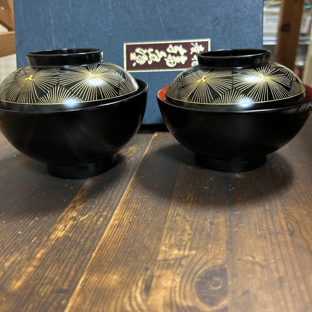 輪島塗　高級漆器　黒塗沈金亀甲松文　濱崎重男　浜崎重男　夫婦椀　伝統工芸品　希少