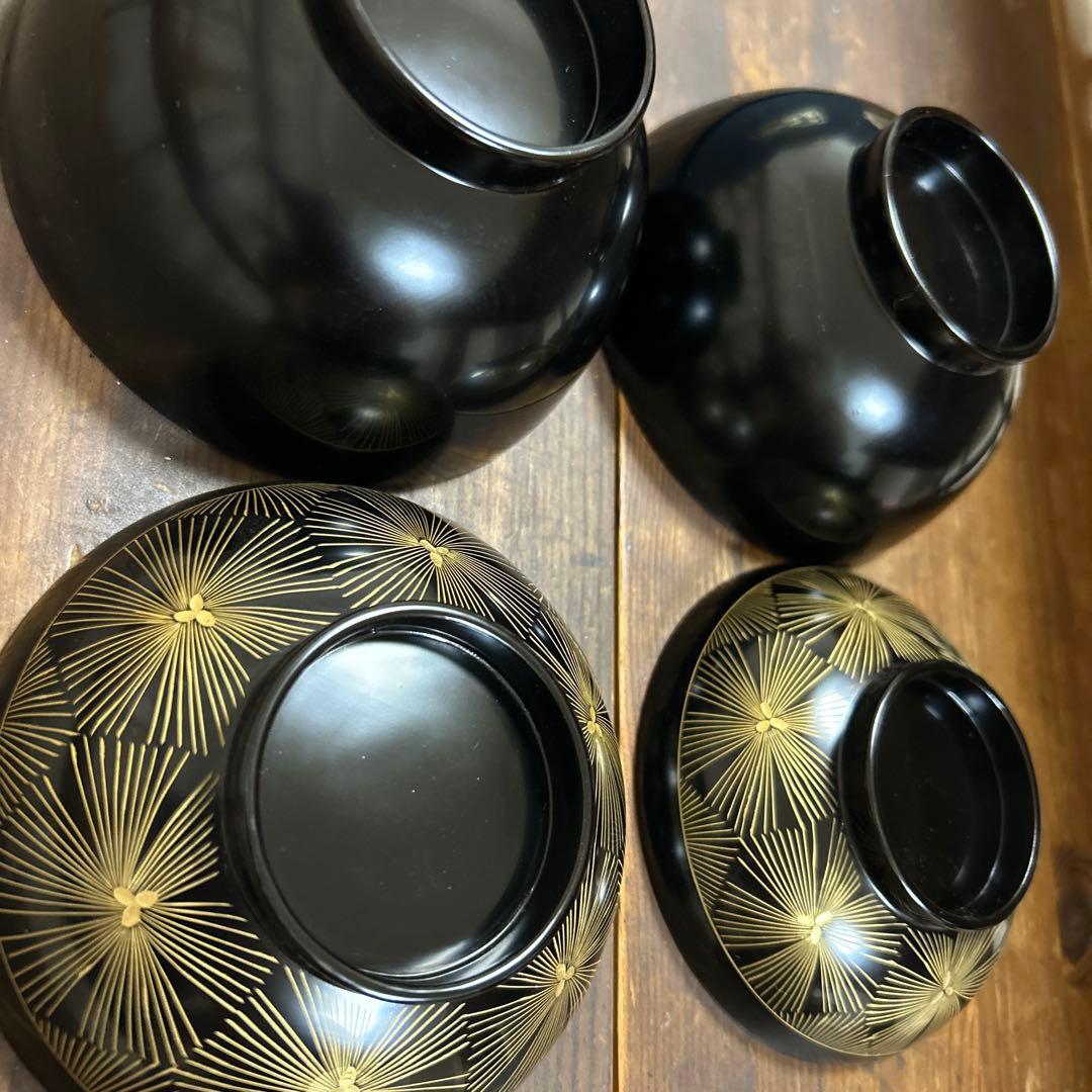 輪島塗　高級漆器　黒塗沈金亀甲松文　濱崎重男　浜崎重男　夫婦椀　伝統工芸品　希少