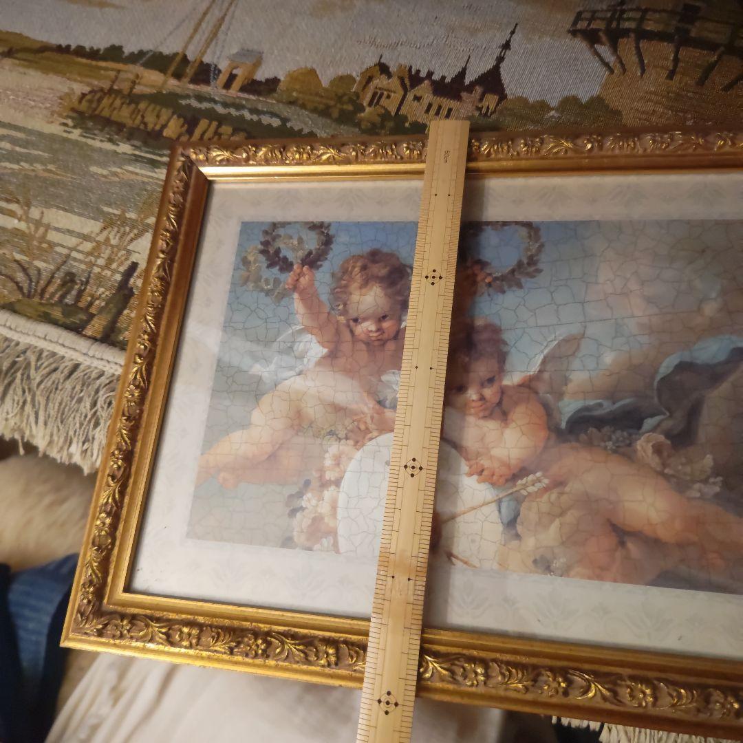 天使　額絵　イタリア製　宗教　ひび割れ風　アートポスター　金枠　彫刻　ゴールド