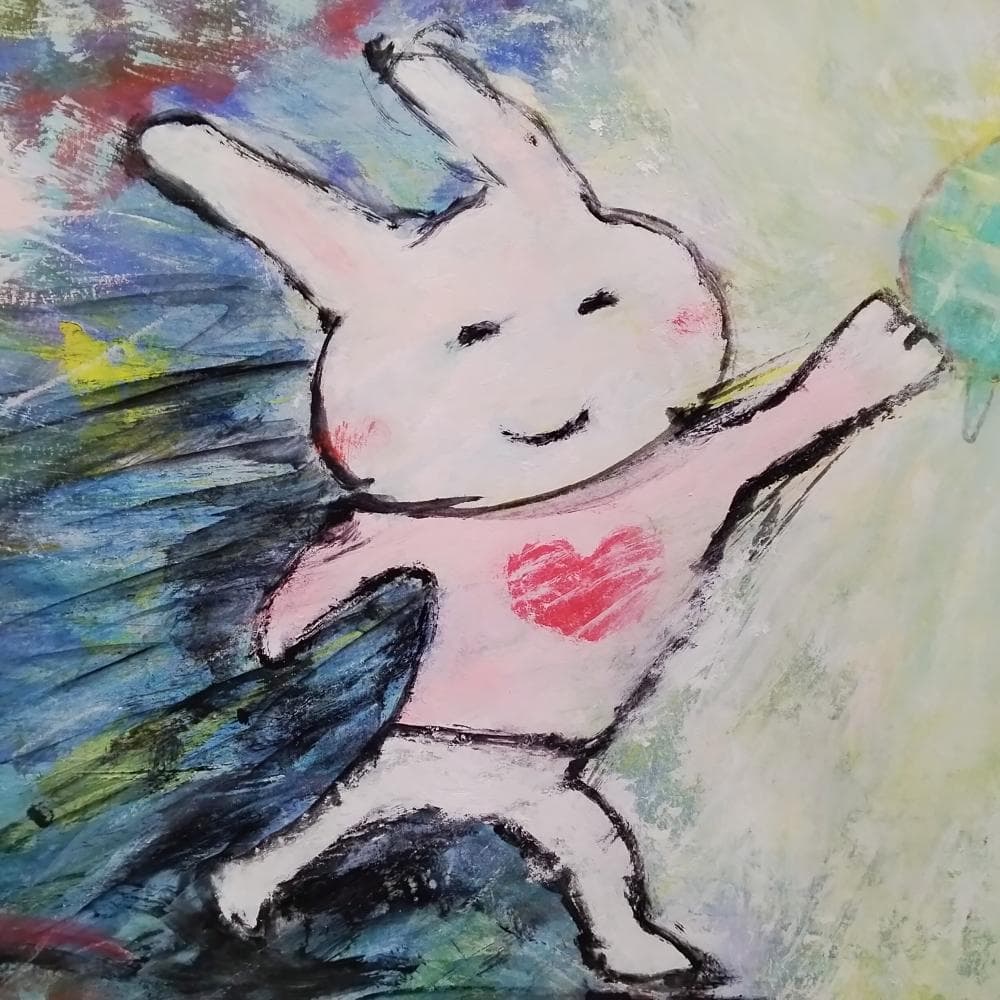 内野隆文　カミナリ　うさぎ　亀　絵画　ドローイング　現代美術　額付　真作