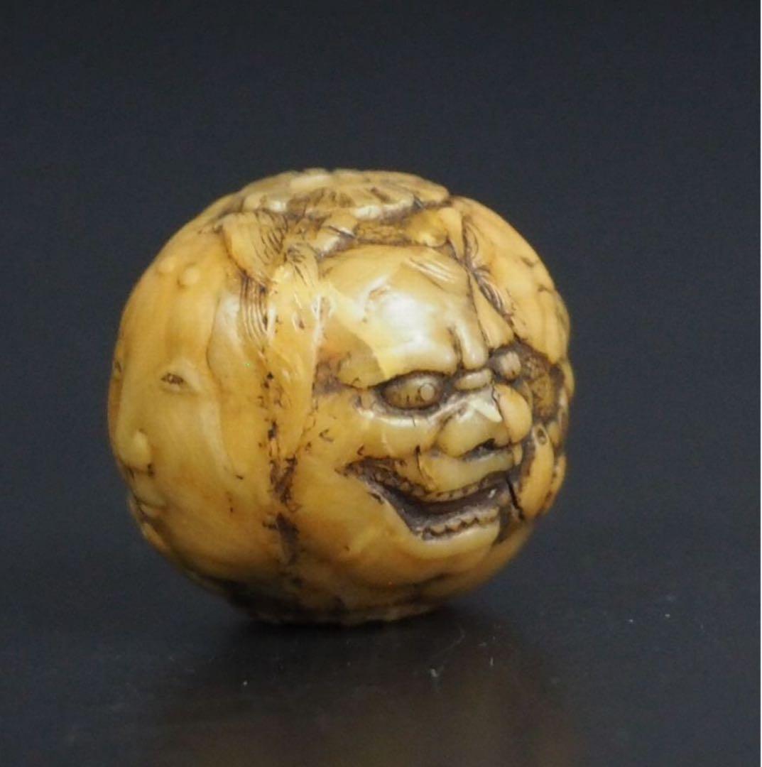 送料無料　江戸時代　鬼面細密彫　緒締玉　　径1.8cm 重4g検/提げ物緒締玉根