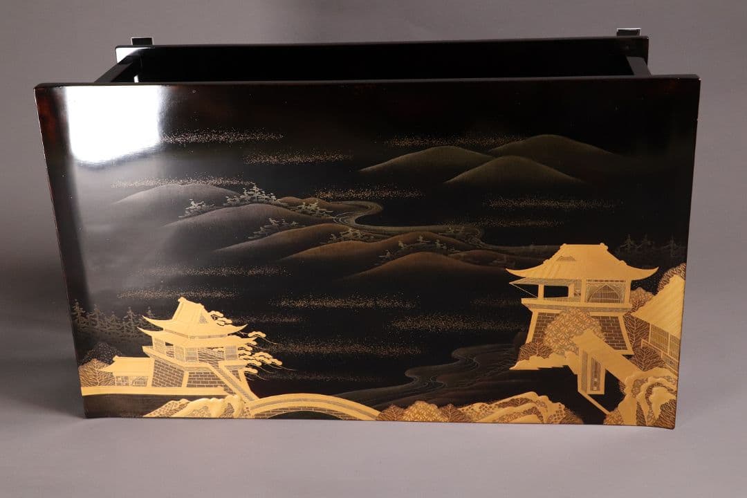 輪島塗 久世宗春 山水金蒔絵 冠卓 二段卓 花台 黒塗 天然木【MA366】