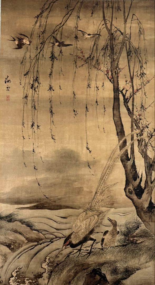 中国　明時代　汪肇　柳禽白鷳圖　絹本　原色複製　◇検故宮博物館◇ 一鼎軒0926
