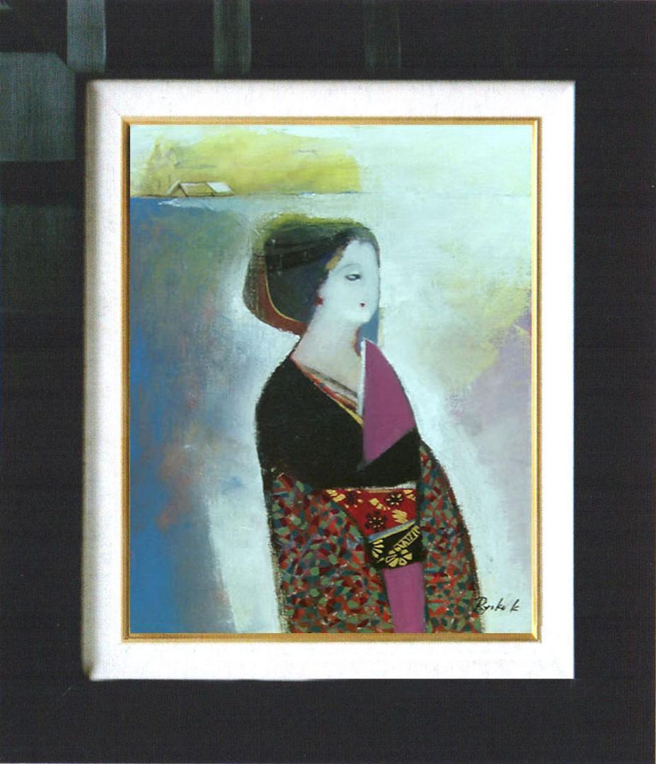 油絵 菅家令子絵 絵画インテリア額付(青緑＋金色の枠)F4-242023和服女性