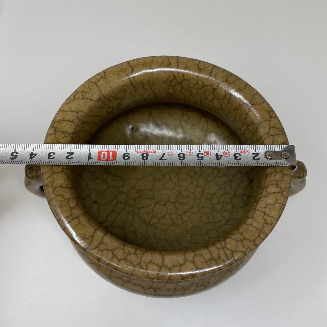 中国古窯　哥窯双耳香炉　高さ10.2㎝　トヒチル　東さ7-0728①