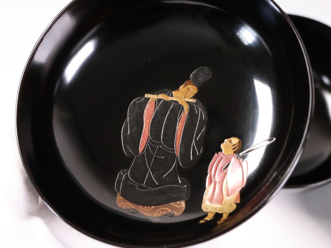 【MB195】輪島塗 天然木漆塗 黒塗椀 二客 蒔絵 大和絵 源氏絵 人物 昭和