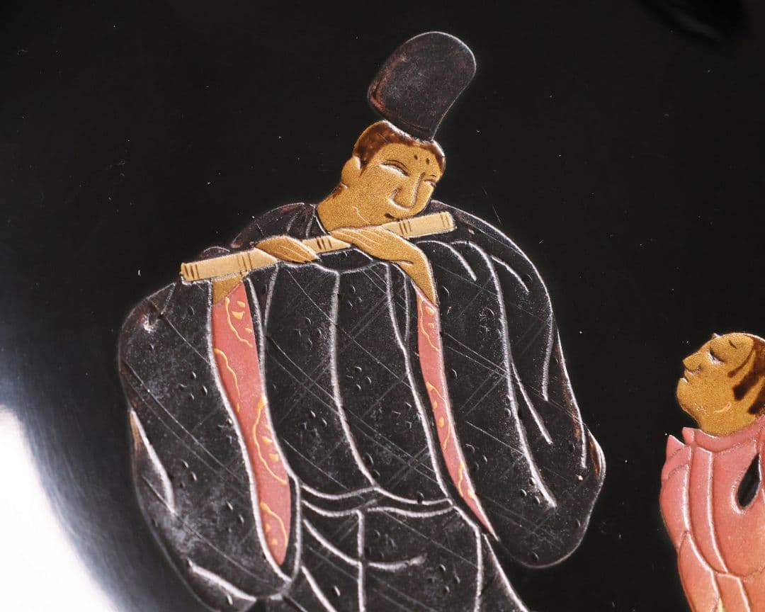 【MB195】輪島塗 天然木漆塗 黒塗椀 二客 蒔絵 大和絵 源氏絵 人物 昭和