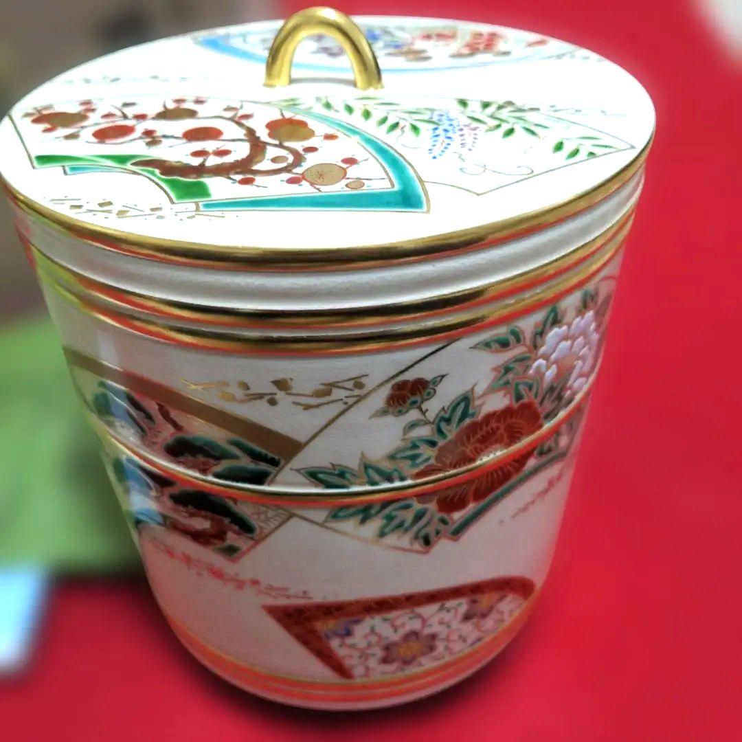 ま*ん様 京焼　清水焼　中村秋峰造　仁清扇絵草花絵　水指