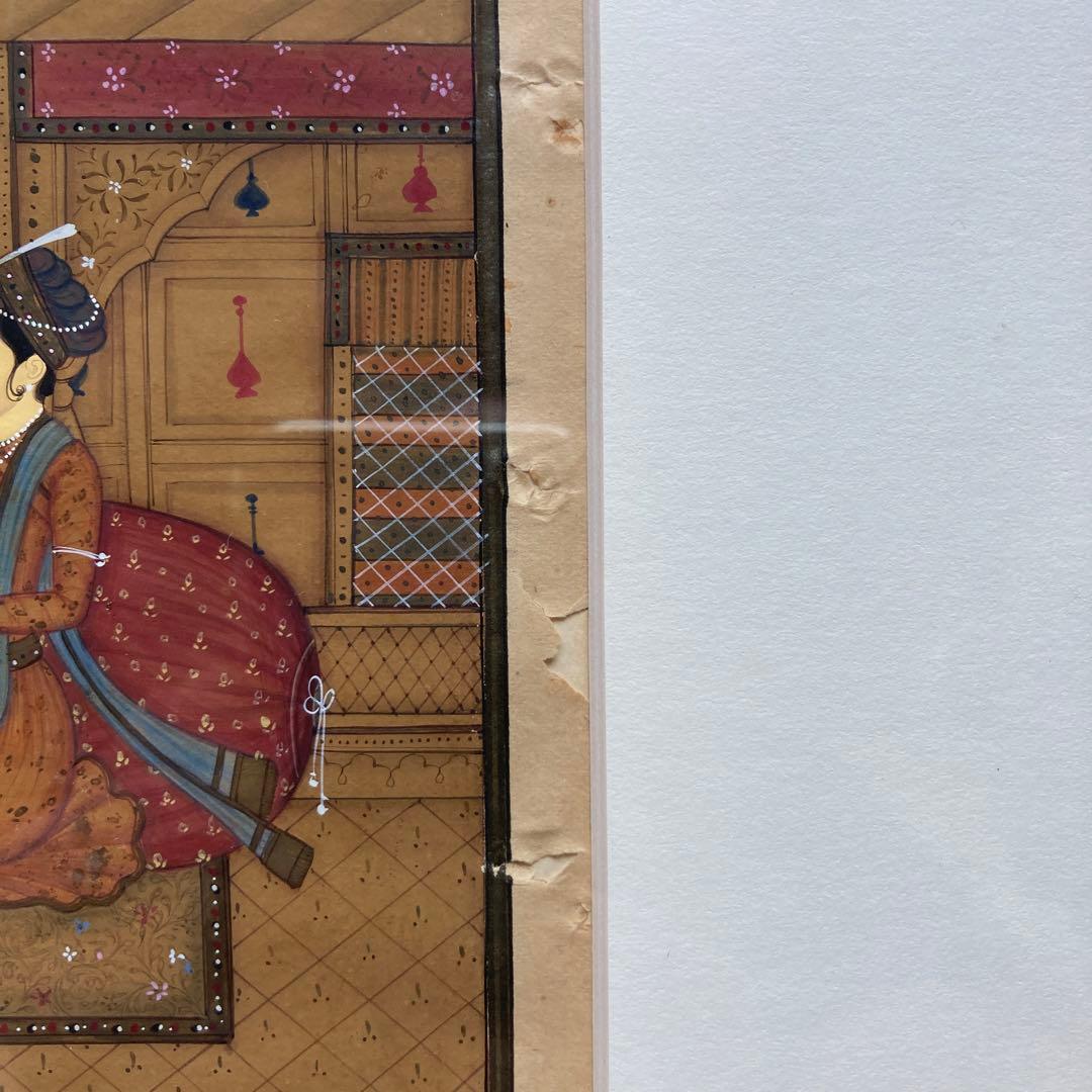 ヴィンテージ　インド　古い細密画　書き込みの良し額42×33絵22.5×13cm