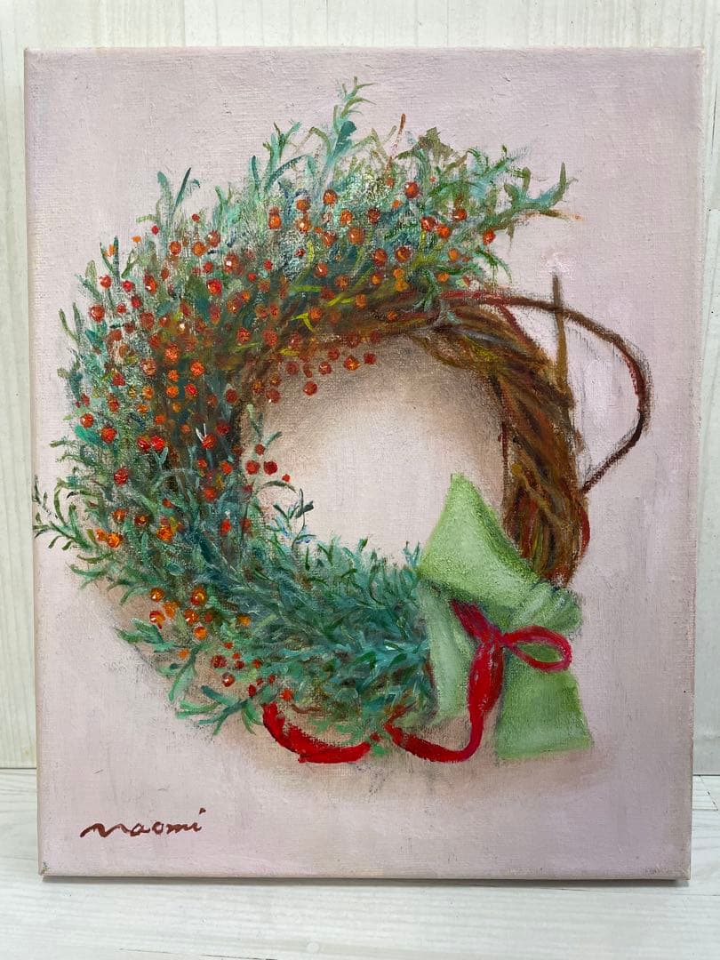 【油彩画】　「クリスマスリース」 Ｆ3号 油絵2