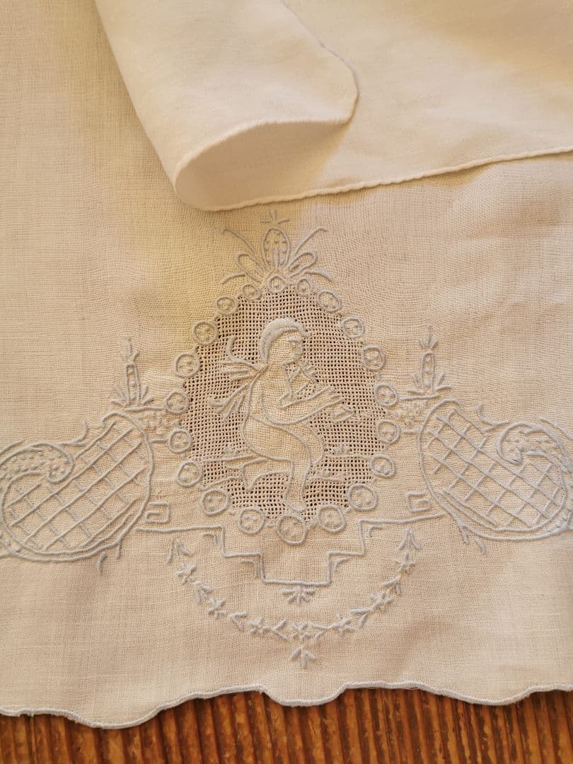 アンティーク アペンツェル刺繍レース 笛を吹く天使 ブルーニードルワーク クロス