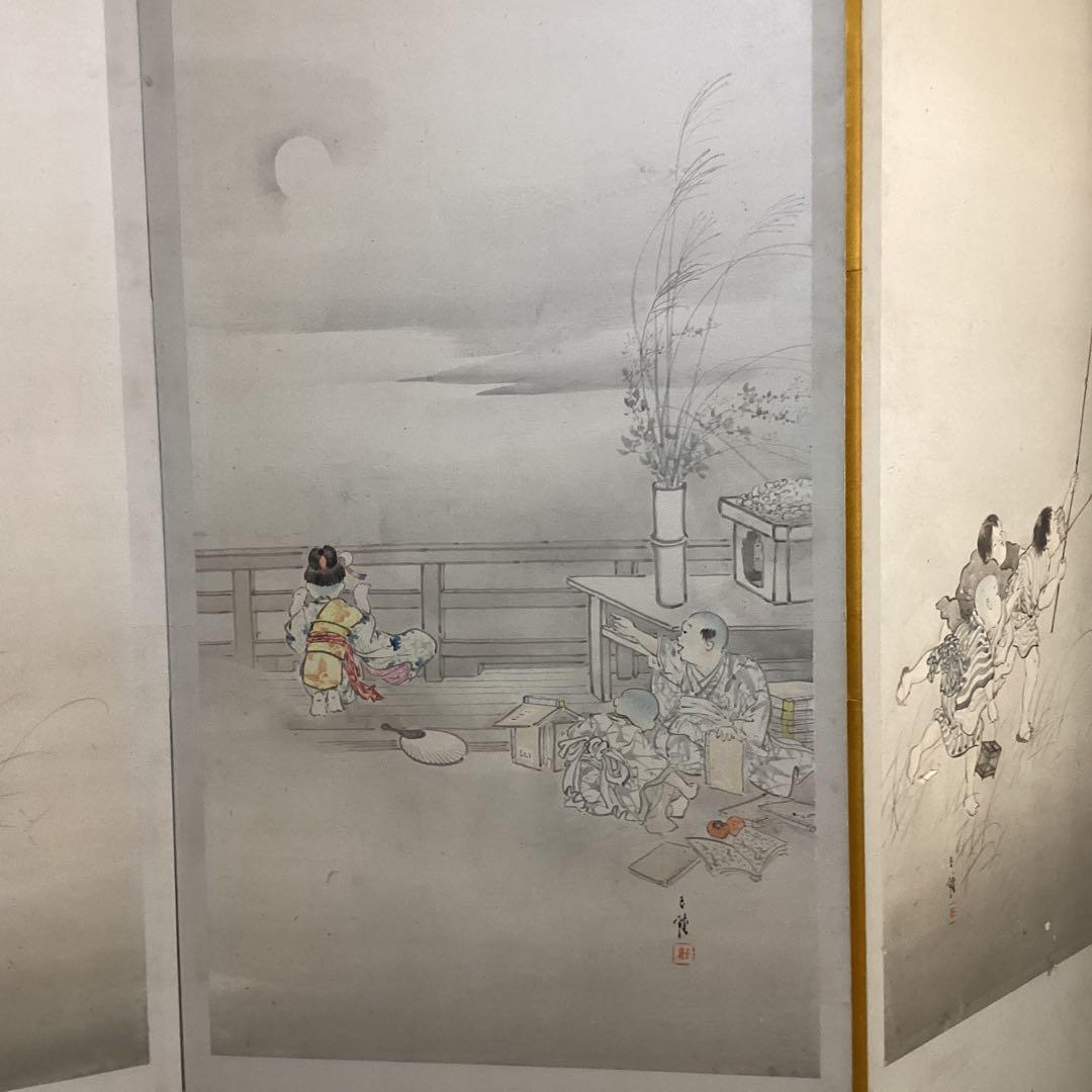 O-34日本の伝統的な屏風 子供遊びの図①六曲一双　パテーション水屋屏風としても