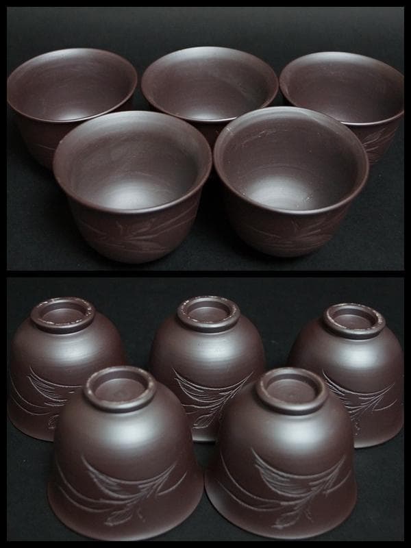 萬古焼 昇龍園造 細工彫『花文』紫泥 急須 湯冷まし 煎茶碗(五客)煎茶器揃え