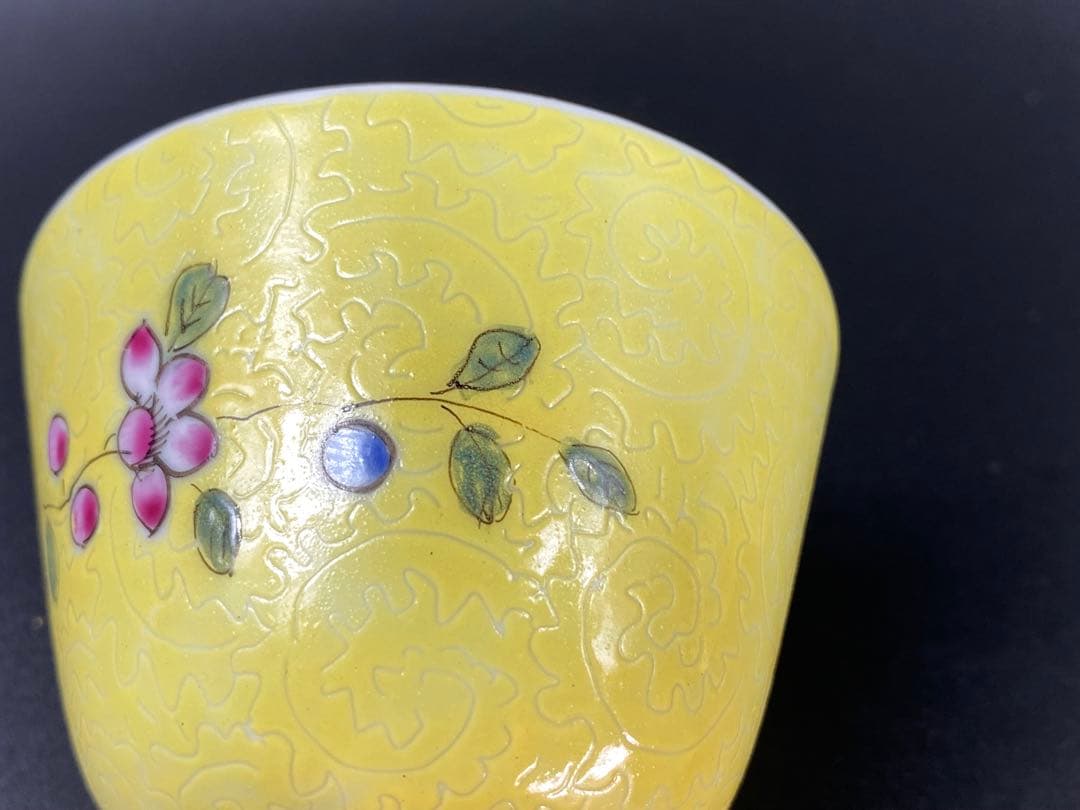 十錦手 煎茶碗 5客 粉彩 陰刻唐草花紋 中国古玩古美術骨董時代物 径7.8cm