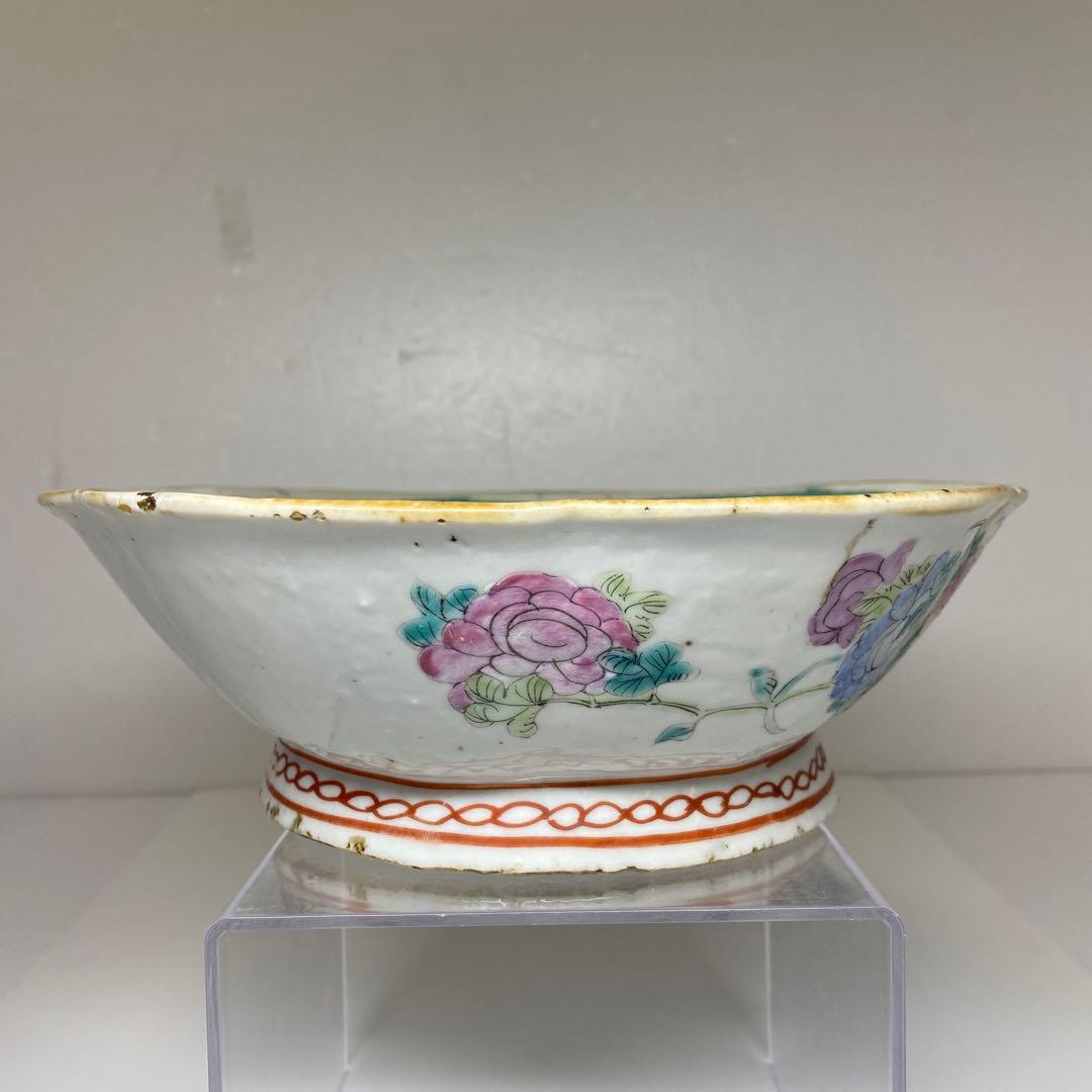 中国清時代　粉彩花鳥画鉢　幅約22㎝　東Y7-0331②タサオ