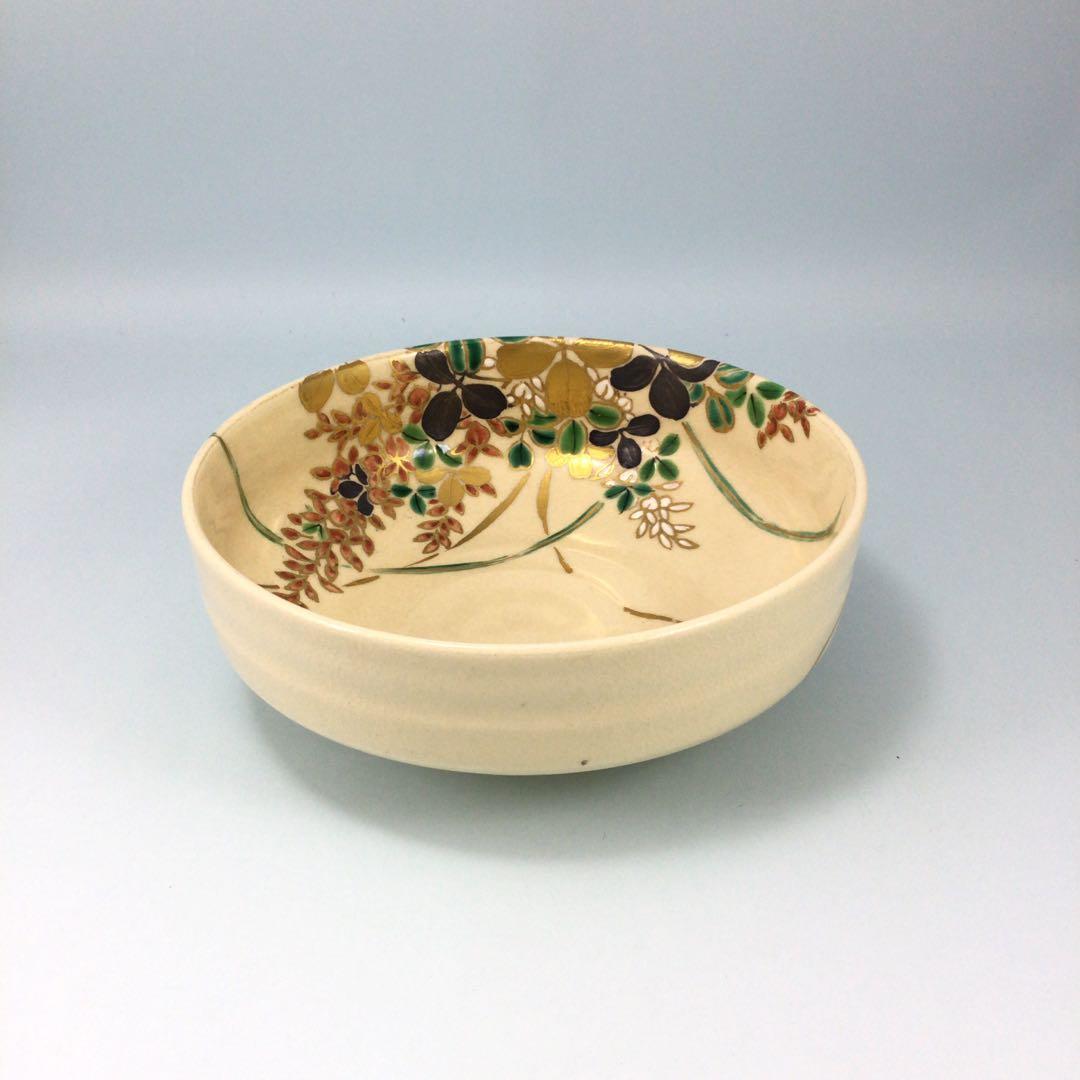 五代真葛香斎　萩絵平茶碗　平たく華やかな京焼抹茶碗　茶道具
