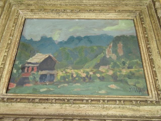 美品 昭和25年作 真作◆理髪師の画家 岩井 弥一郎『風景画』油彩・板（M4号）
