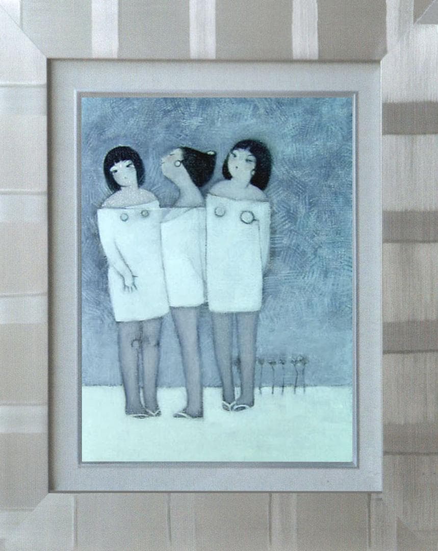 油絵 菅家令子 絵画インテリア額付( 青緑＋金色の枠) F4-142023冬女子