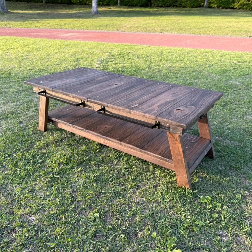 キャンプテーブル 折りたたみ 幅84cm ローテーブル室内兼用 アイアンバー付き