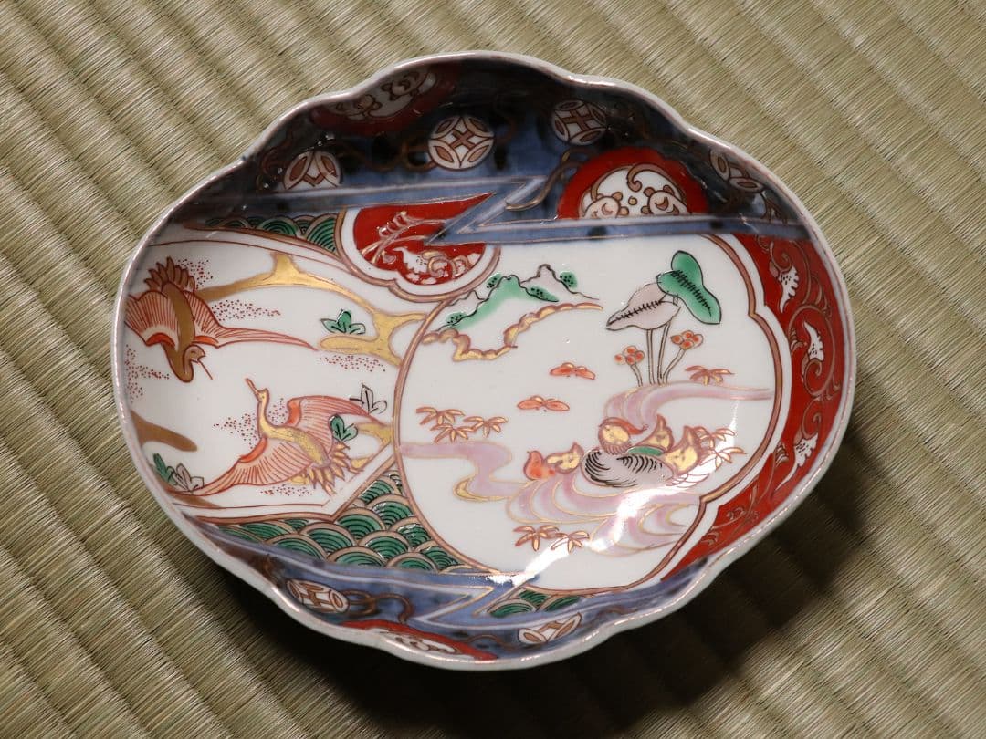 古伊万里 鳥の図 色絵 刺身皿 変形皿 五客 錦手 鴛鴦 鶴 瓢箪 CL96