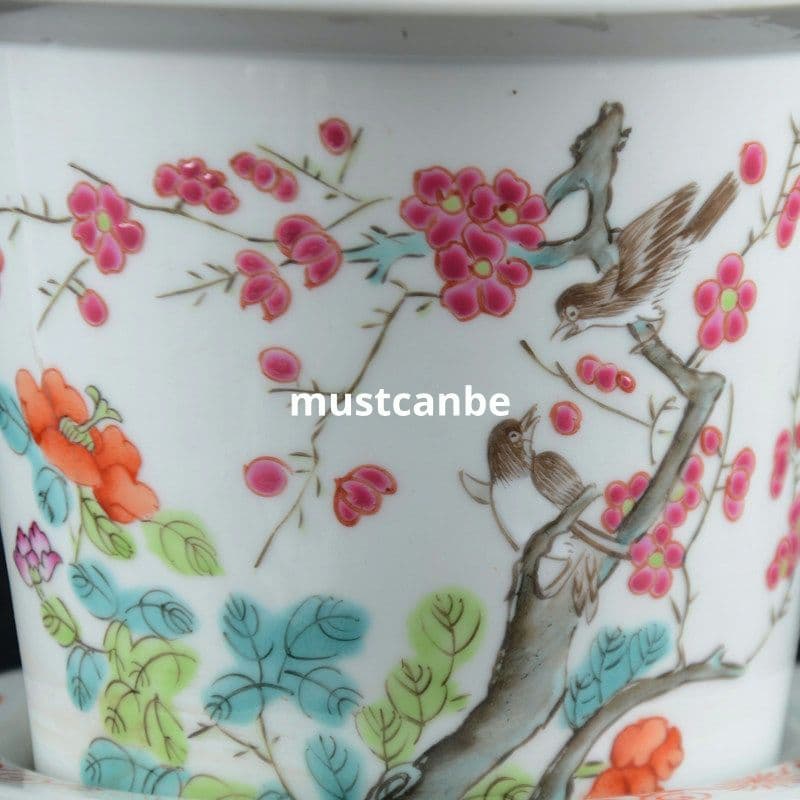 手描きパステル花鳥紋小花鉢 花鉢 盆栽鉢 装飾品 現代工芸品