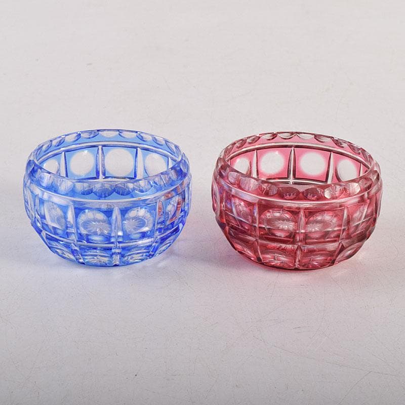 堀口硝子　須田秀石作　江戸切子　玉格子文　小鉢　共箱　2点　D　R8799