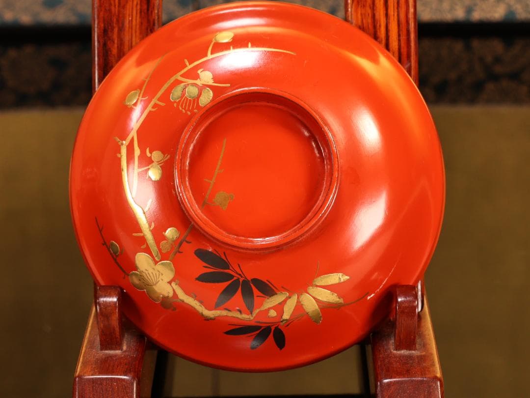 BK416　時代輪島塗　松竹梅図蒔絵　吸物椀　五客　木製　茶道具 懐石 会席