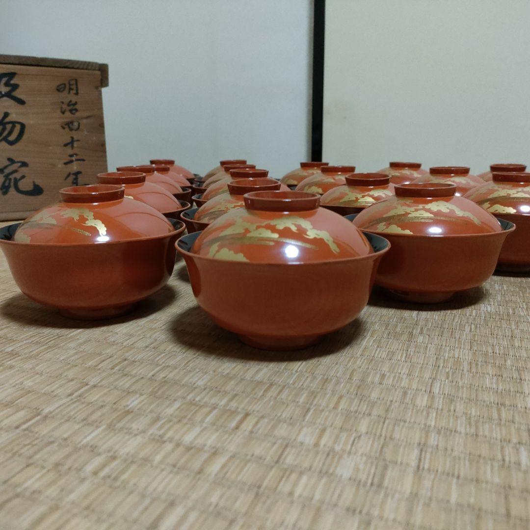 明治期 光琳松 金蒔絵 吸物椀 20客揃 共箱 洗朱 内黒 木製漆器 料亭 懐石
