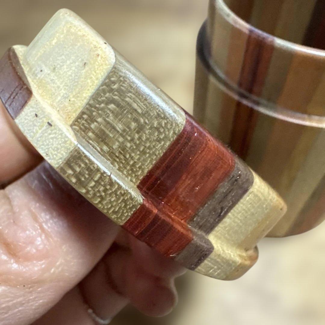 【未使用】箱根寄木細工 茶筒（中蓋付き） シマ模様 伝統工芸品 天然木 無垢作り