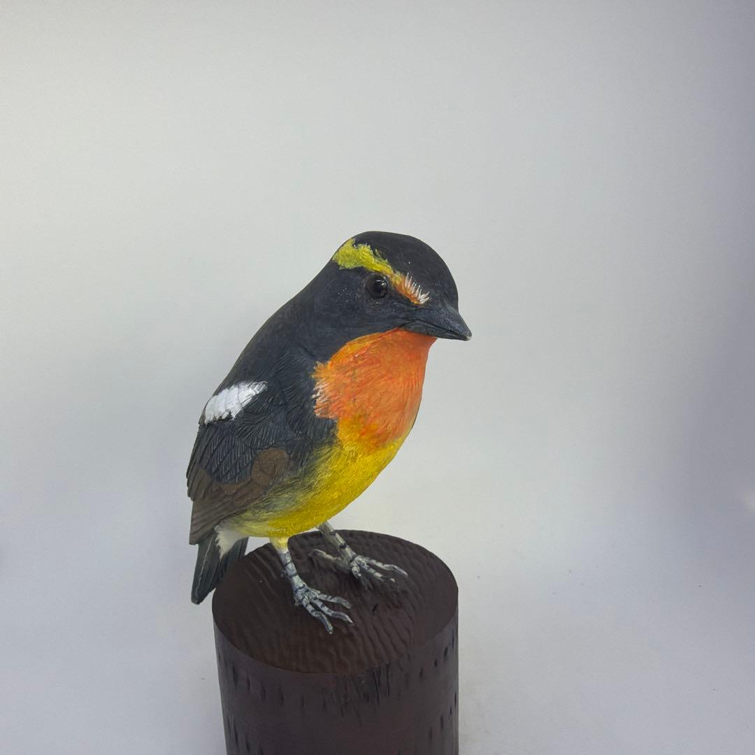 「キビタキ」　木彫りの野鳥　 バードカービング　野鳥彫刻 リアル彫刻