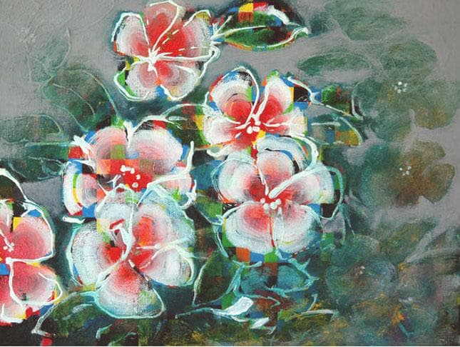 油絵 菅家令子 絵 絵画インテリア 額付(青緑＋金色の枠) F4-091216花