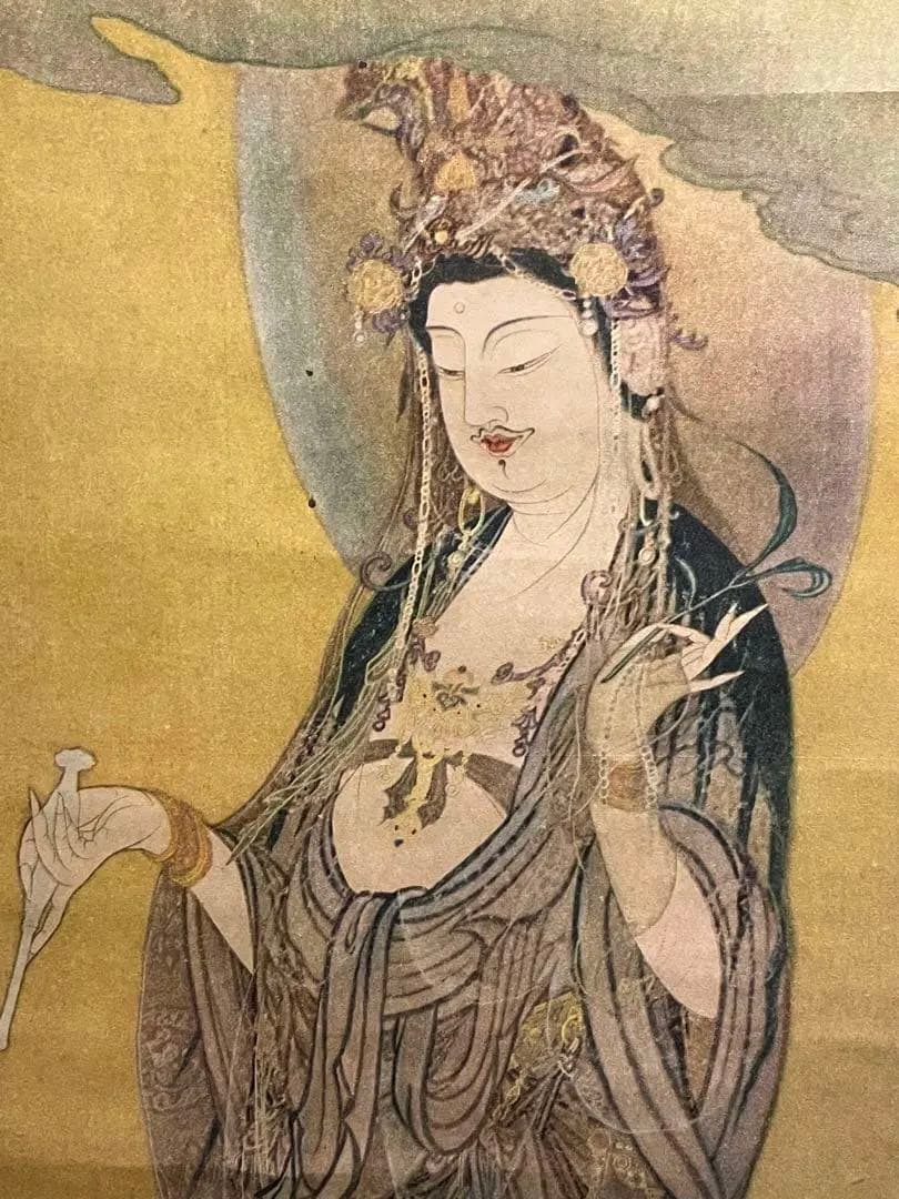 昭和初期【狩野芳崖 悲母観音】稀少國寳アンティーク日本掛け軸 骨董 中国 美術品