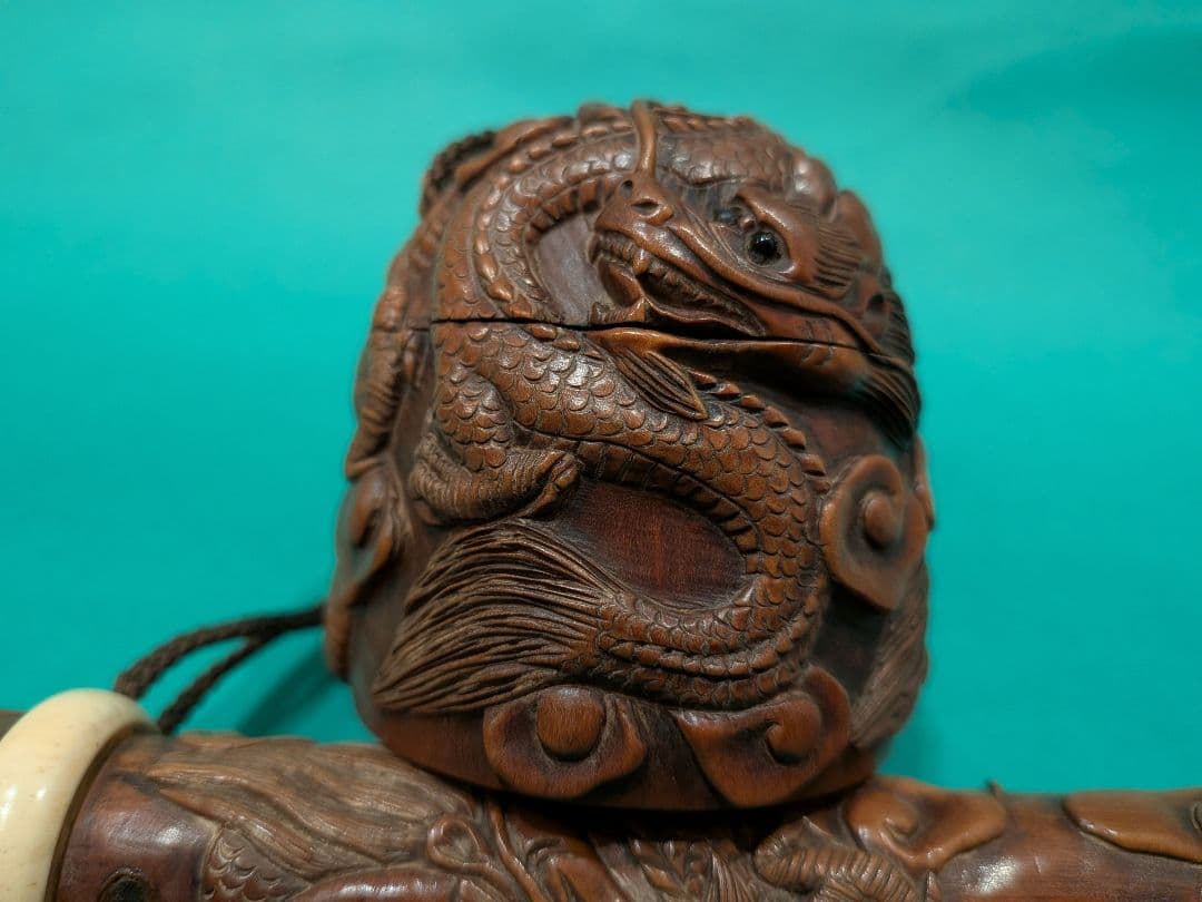 双龍彫刻 柘植製矢立、墨入れセットA3、日本製携帯用墨壺と筆入れセット、希少品、