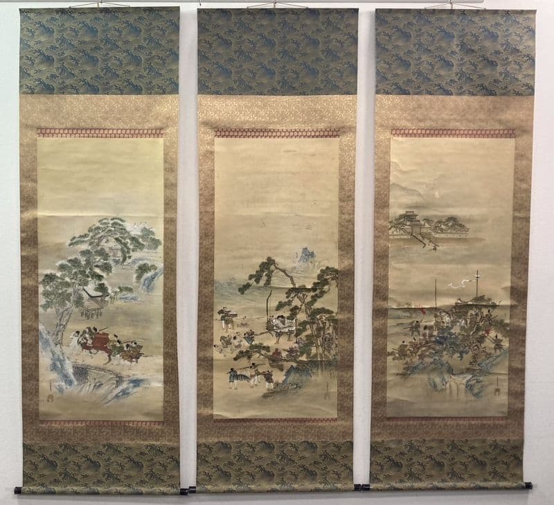 安田靫彦 箱書／土佐光起「武者絵」掛軸（大和絵） 紙本 三幅