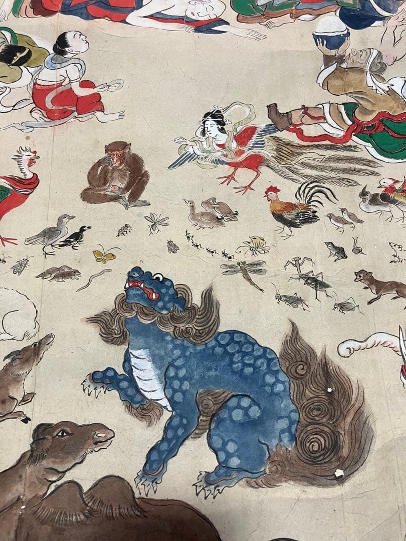 掛軸 釈迦涅槃図 大幅軸 紙本 彩色 仏画 仏教美術 年代物 時代物 合箱