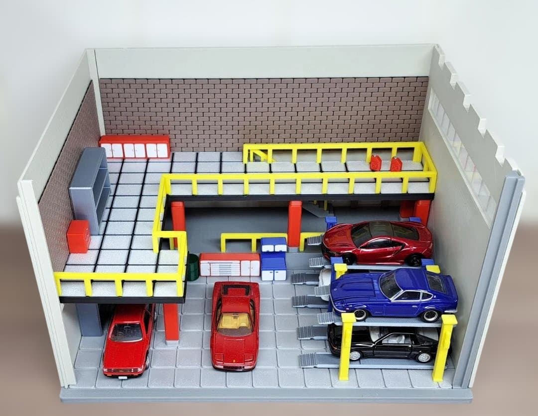 1/64サイズ■ミニカー用ジオラマ■大型ガレージ■トミカ・ホットウィール等