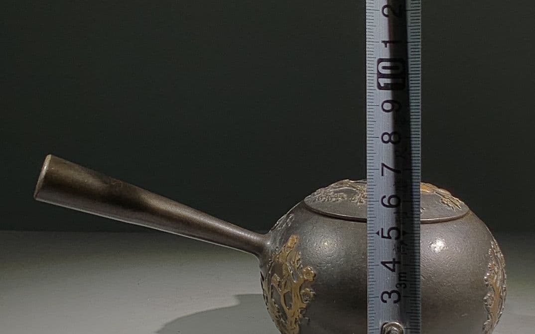 銅 細工 レリーフ歳寒三友松竹梅長把水筒 茶器 茶道具工芸品 美術品 置物