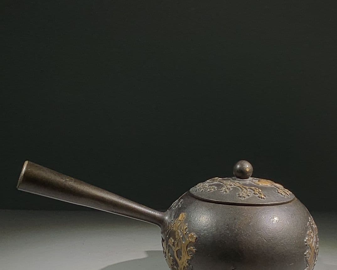 銅 細工 レリーフ歳寒三友松竹梅長把水筒 茶器 茶道具工芸品 美術品 置物