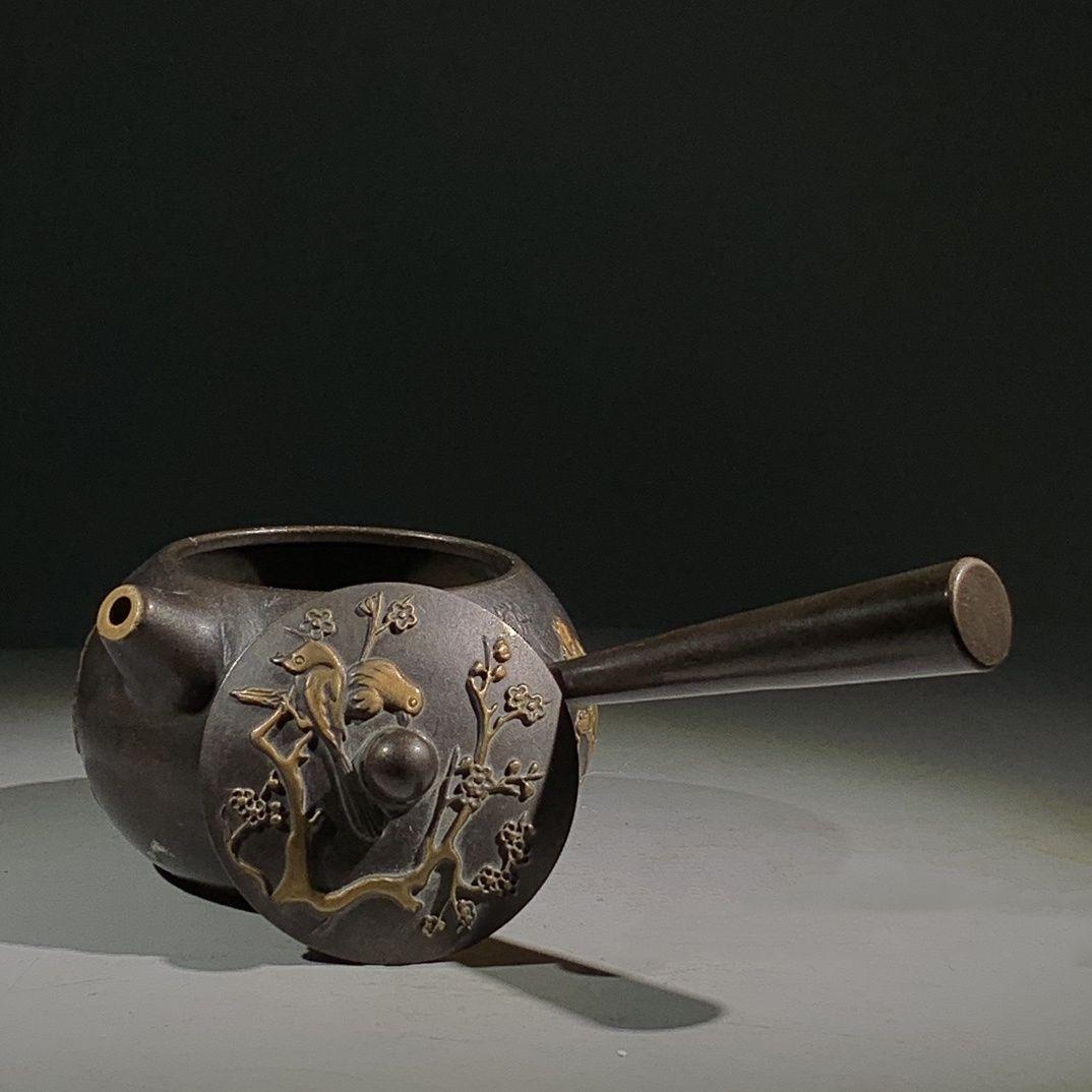 銅 細工 レリーフ歳寒三友松竹梅長把水筒 茶器 茶道具工芸品 美術品 置物
