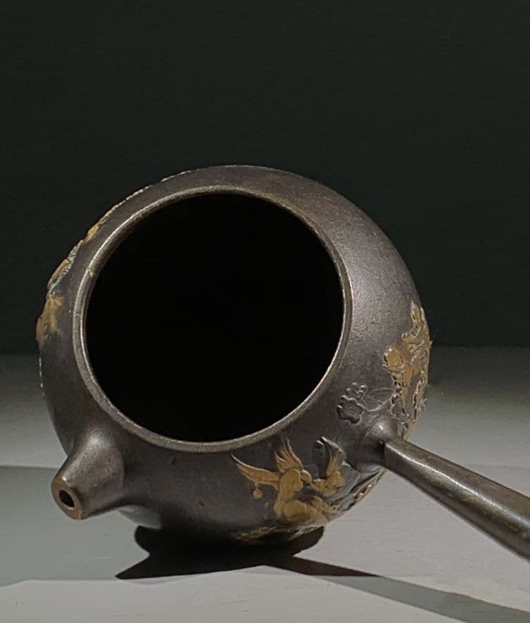 銅 細工 レリーフ歳寒三友松竹梅長把水筒 茶器 茶道具工芸品 美術品 置物