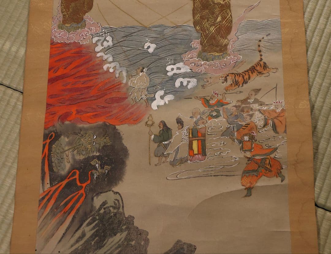 古仏画 二河白道図 紙本 掛軸 合箱 仏教美術【CM404】