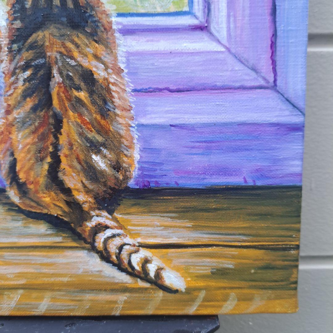 キャンバス油絵 　専用　立ち上がって 外を見ている子猫