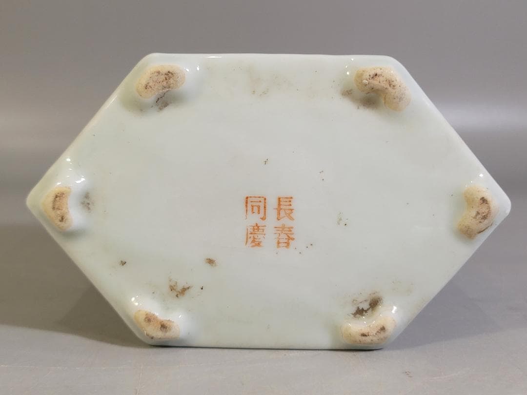 中国 色絵 花盆絵 六方 茶壷 DT448