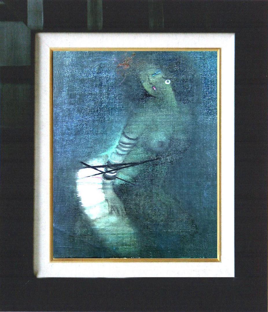 油絵 菅家令子 絵 絵画インテリア額付(青緑＋金色の枠) F4-152023女性