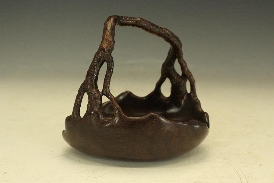 紫檀 刻 手付 皿 文房四宝 卓上飾 高9.4cm(HA491)