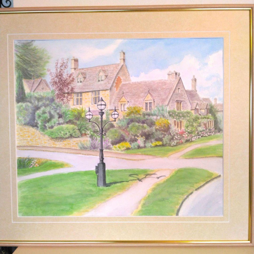「古風な街灯の立つ街並み」水彩画・風景画・イギリス・コッツウォルズ